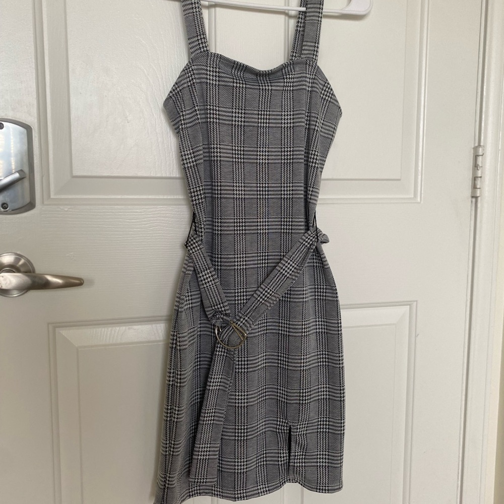 Grey and white plaid mini dress with belt